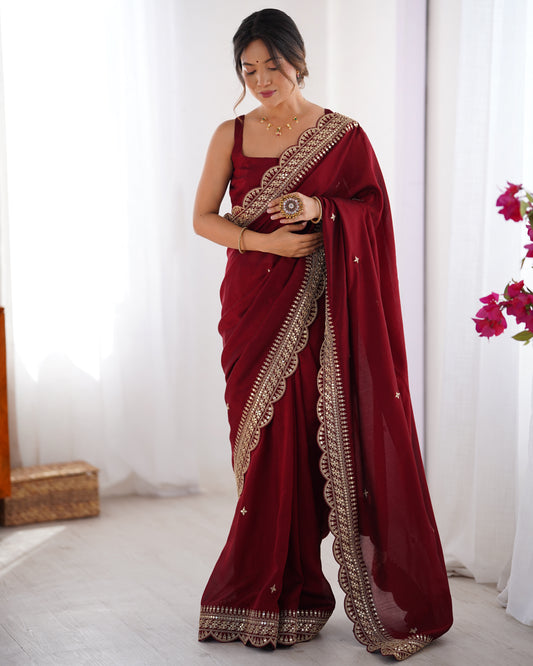 Maroon Embroidered Vichitra Silk Saree