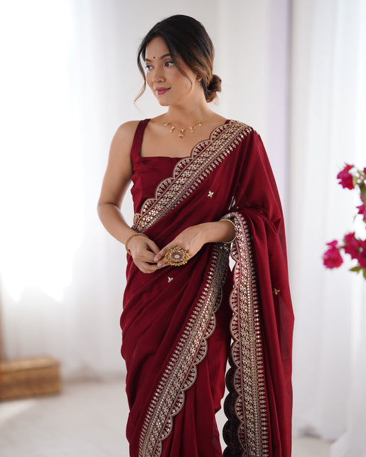 Maroon Embroidered Vichitra Silk Saree