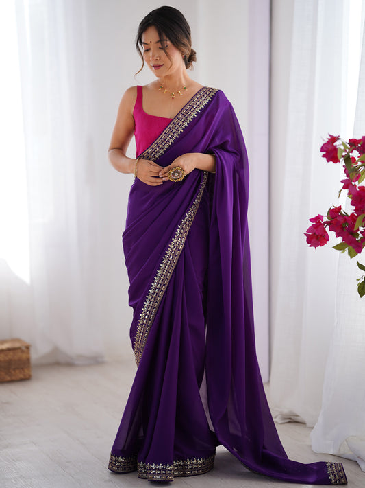 Purple Georgette Embroidered Saree with Pink Blouse