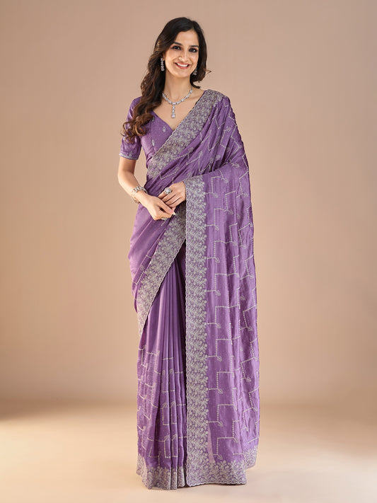 Lavender Embroidered Silk Saree