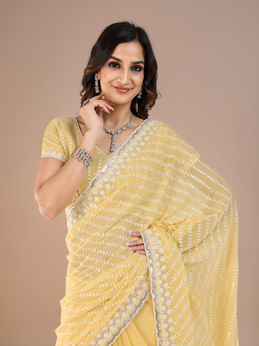 Yellow Georgette Leheriya Style Embroidery Saree