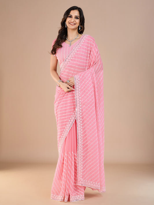 Pink Silk Blend Sequin Embroidery Leheriya Pattern Bollywood Style Blouse Saree