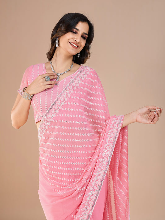 Pink Silk Blend Sequin Embroidery Leheriya Pattern Bollywood Style Blouse Saree