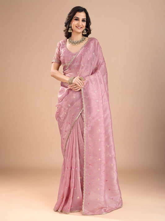 Pink Embroidered Tissue Silk Saree with Blouse