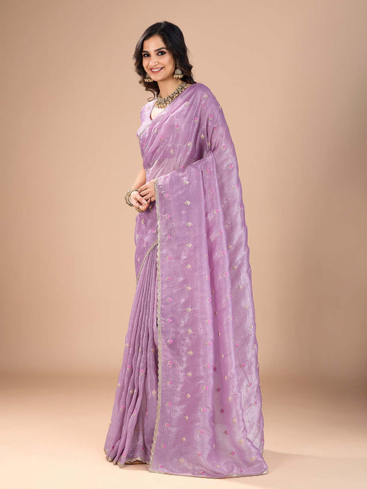 Lavender Organza Embroidered Saree with Stitched Blouse