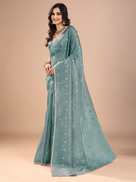 Mint Green Tissue Embroidered Butis Saree