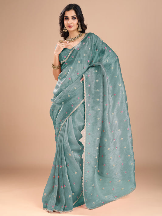 Mint Green Tissue Embroidered Butis Saree