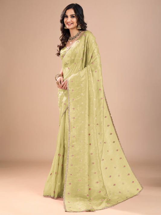 Pistachio Green Organza Silk Embroidered Saree with Blouse