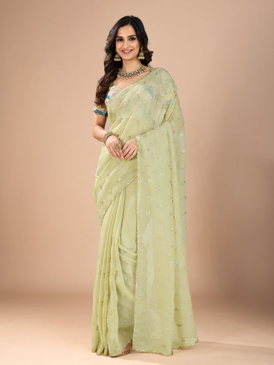 Pista Green Organza Sequin Embroidered Saree with Floral Printed Blouse