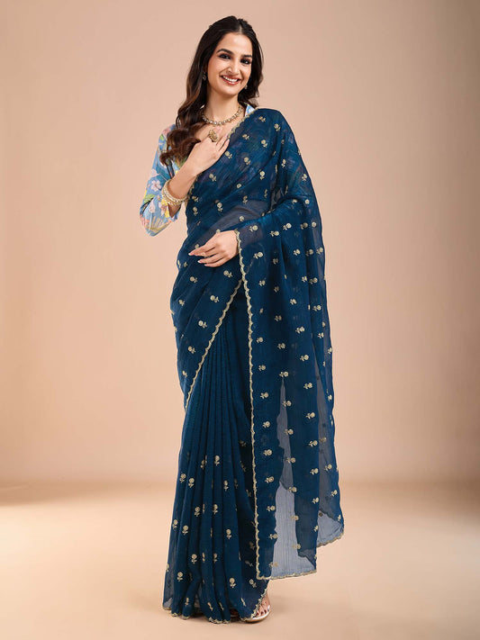 Teal Georgette Embroidered Saree with Floral Printed Blouse