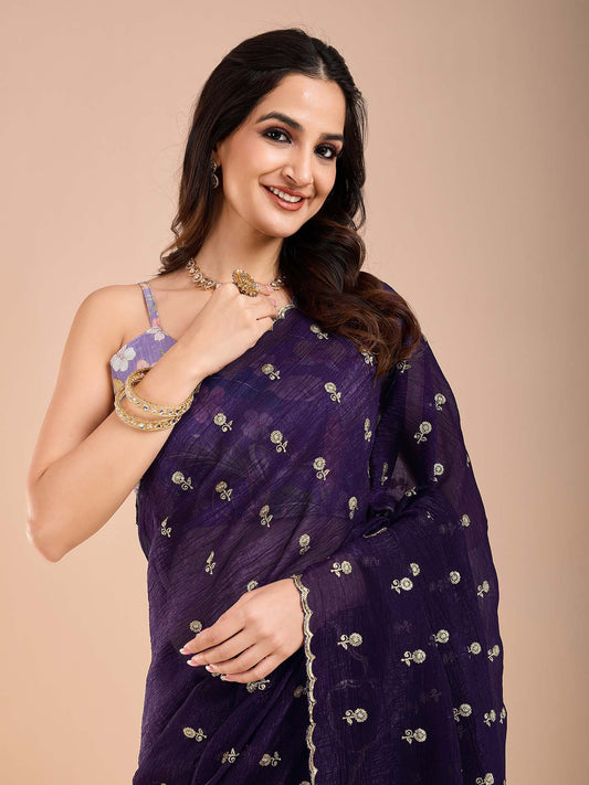 Violet Tissue Embroidery Saree