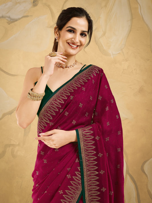 Embroidered Silk Blend Saree with Green Blouse