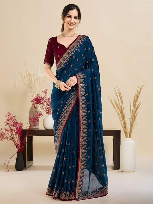 Rani Teal Embroidered Georgette Saree with Stitched Blouse