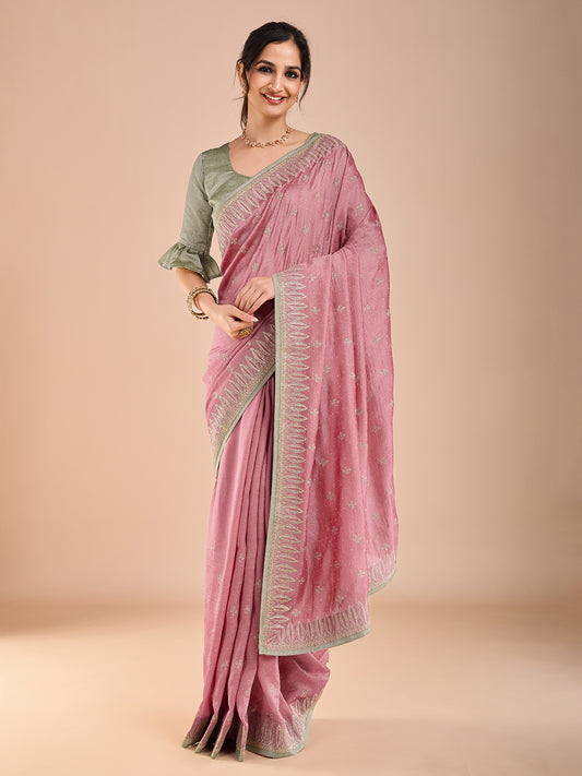 Dusty Lavender Polyester Embroidered Border Heritage Style Saree