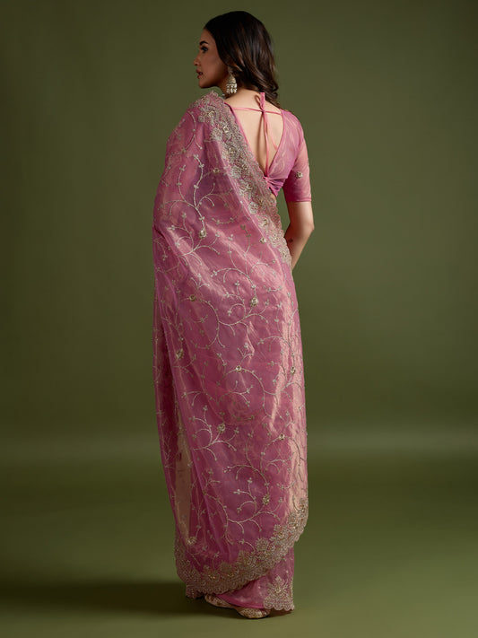 Metallic Pink Super Net Embroidered Saree