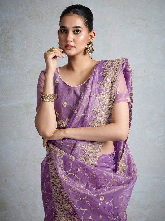 Lavender Organza Embroidered Saree with Gold Zari Border
