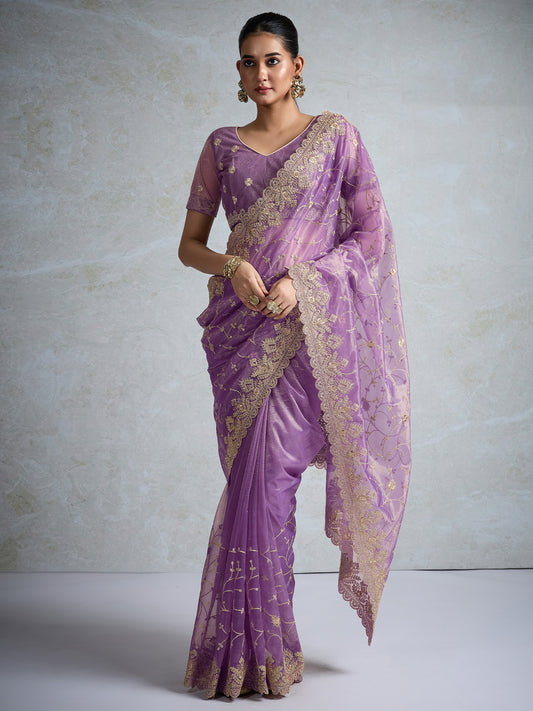 Lavender Organza Embroidered Saree with Gold Zari Border