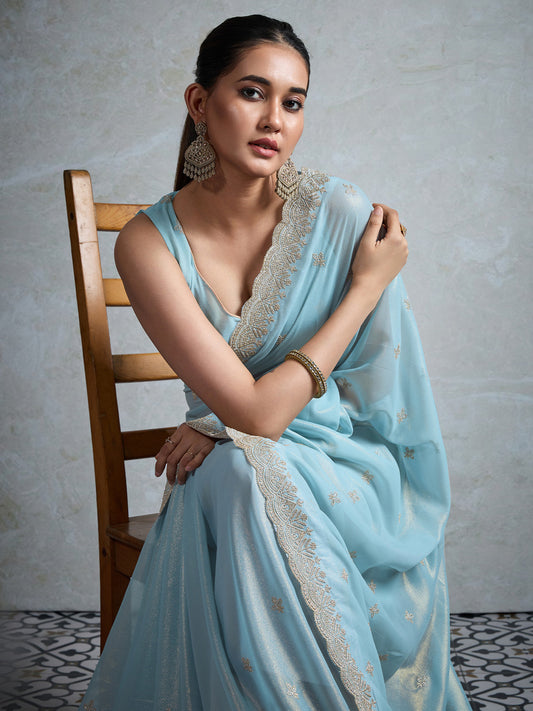 Sky Blue Polyester Embroidered Border Saree