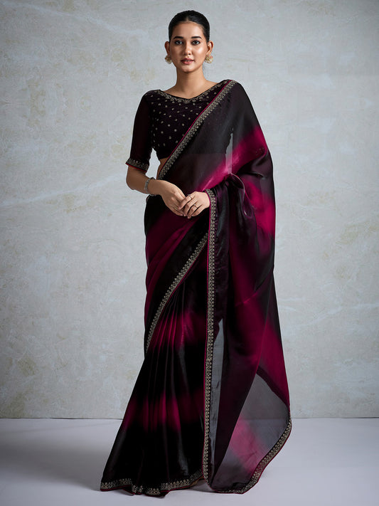 Black & Wine Polyester Ombre Dyed Embroidered Saree