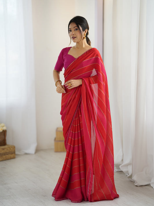 Red Ombre Chiffon Saree with Gold Stripes & Rani Pink Blouse