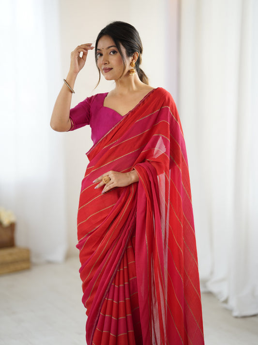 Red Ombre Chiffon Saree with Gold Stripes & Rani Pink Blouse