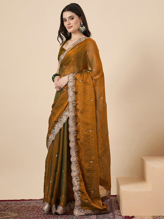 Mustard Olive Tissue Silk Saree with Zardozi Paisley Border
