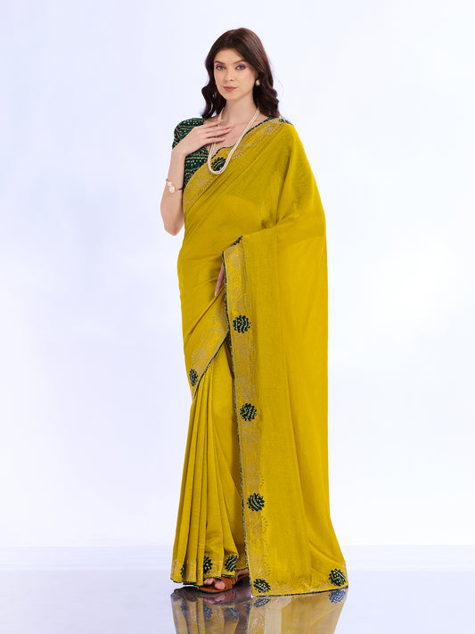 Mustard Yellow Georgette Saree with Bandhani Blouse