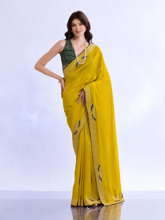 Yellow Georgette Saree with Sequin Border & Bandhani Blouse