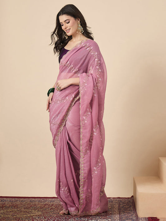 Rani Pink Organza Embroidered Saree with Blouse