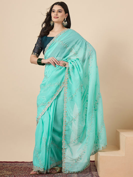 Aqua Organza Embroidered Saree with Teal Blouse