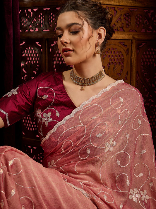 Peach pink Chiffon Embroidered Saree