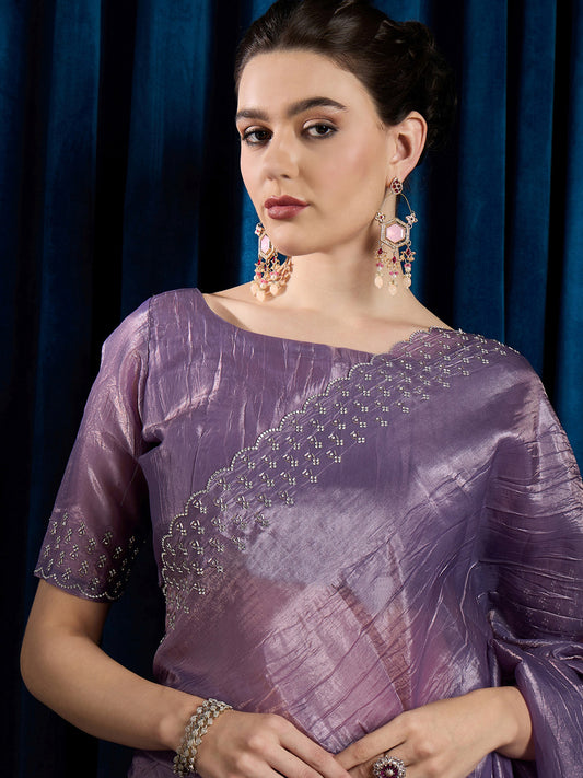 Dusty Lavender Tissue Silk Saree with Silver Scallop Crystal Border