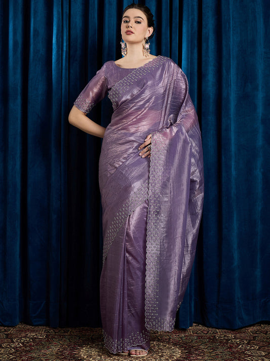 Dusty Lavender Tissue Silk Saree with Silver Scallop Crystal Border