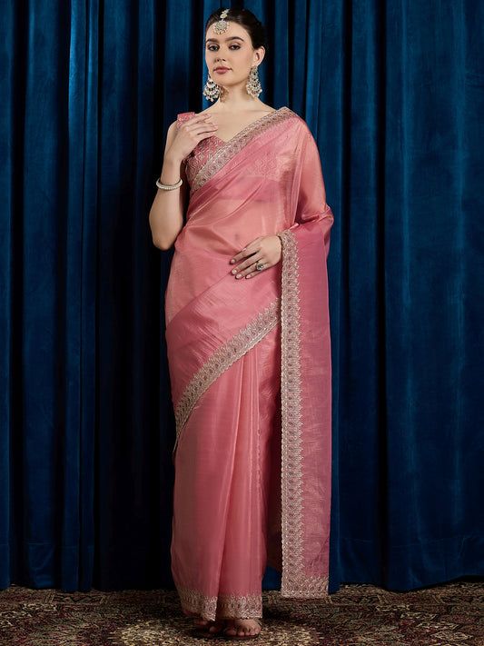 Light Pink Paper Silk Embroidered Border Saree