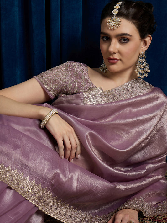 Peach Tissue Silk With Sequin Work Saree