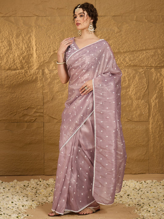 Lilac Chiffon Thread Work Saree