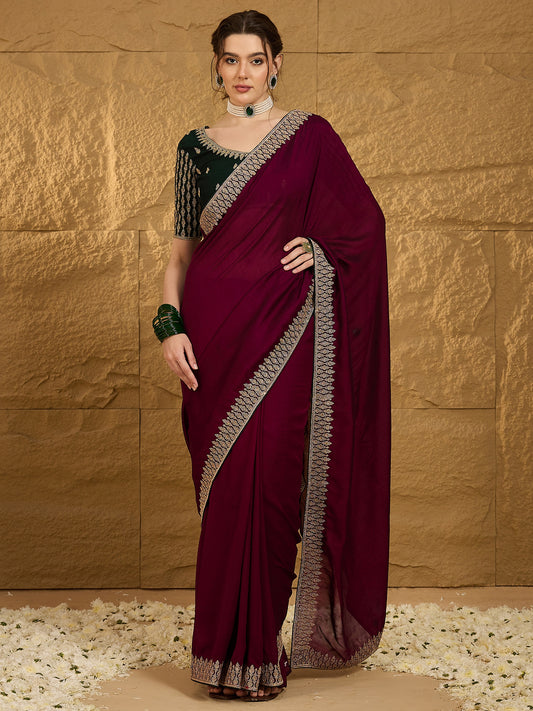 Wine Silk Blend Solid Textured Saree