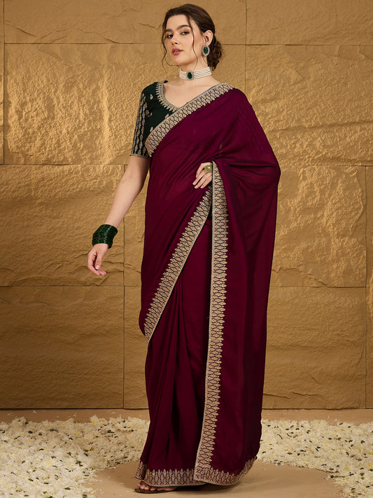 Wine Silk Blend Solid Textured Saree