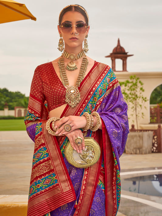 Purple & Red Patola Silk Blend Saree