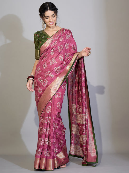 Cotton Blend Saree withBhandni Print
