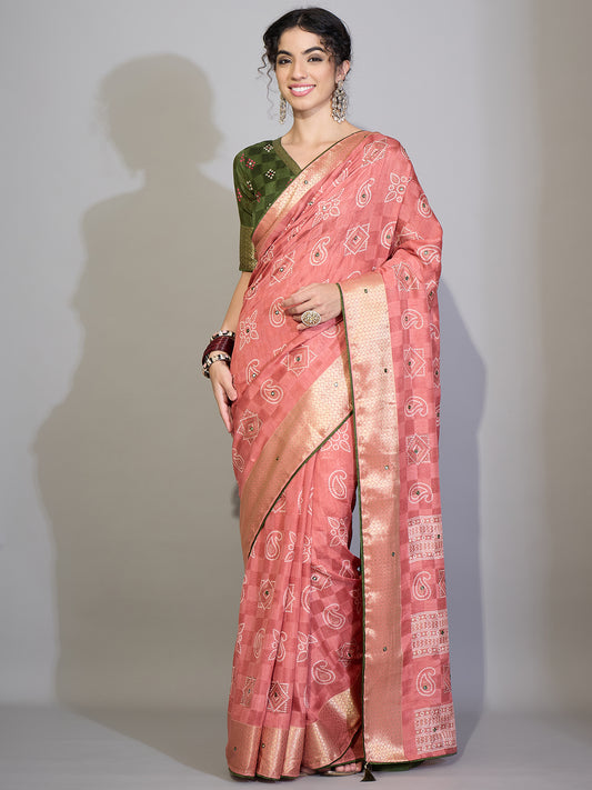 Light Pink Cotton Blend Saree with Zari Stripes