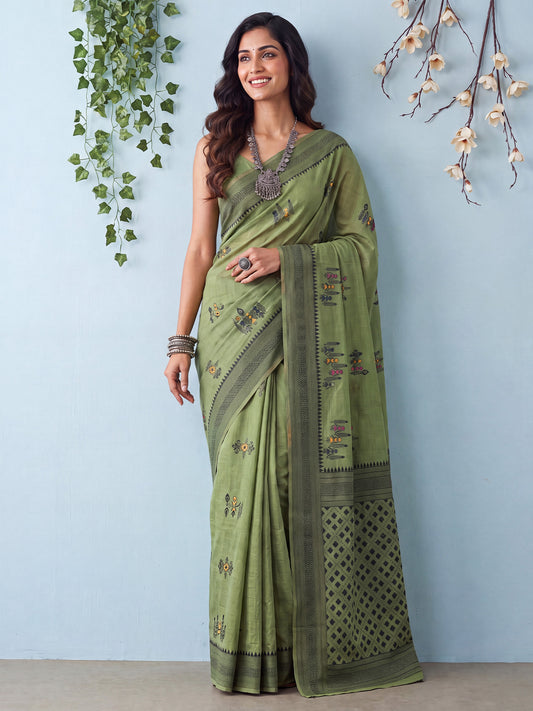 Sage Green Ethnic Butta & Geometric Woven Cotton Saree