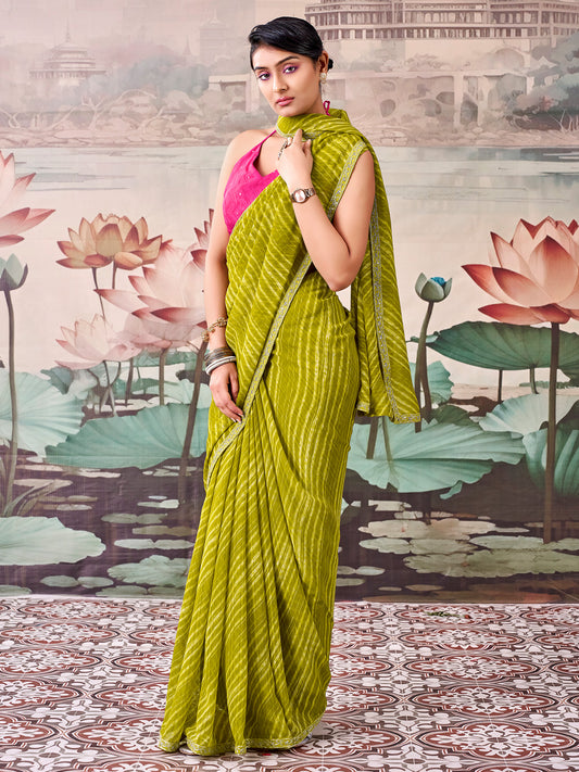 Swarnima Light Green Striped Georgette Saree with Embellished Border & Pink Blouse Piece