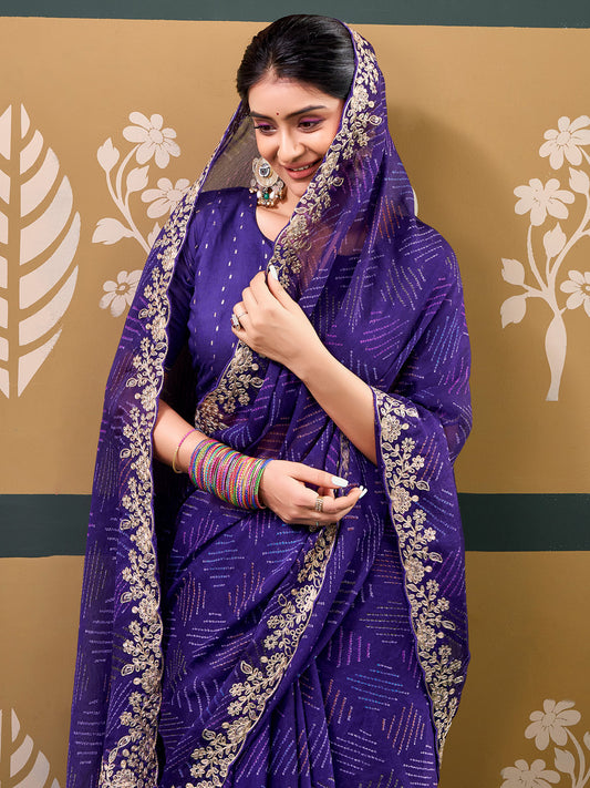 Royal Purple Embroidered Georgette Saree with Designer Blouse