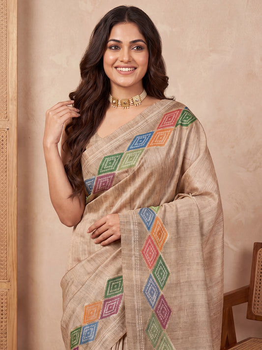 Beige Digital Print with Embroidery Cotton Silk Saree