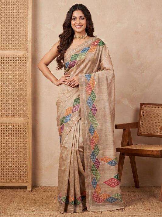 Beige Digital Print with Embroidery Cotton Silk Saree