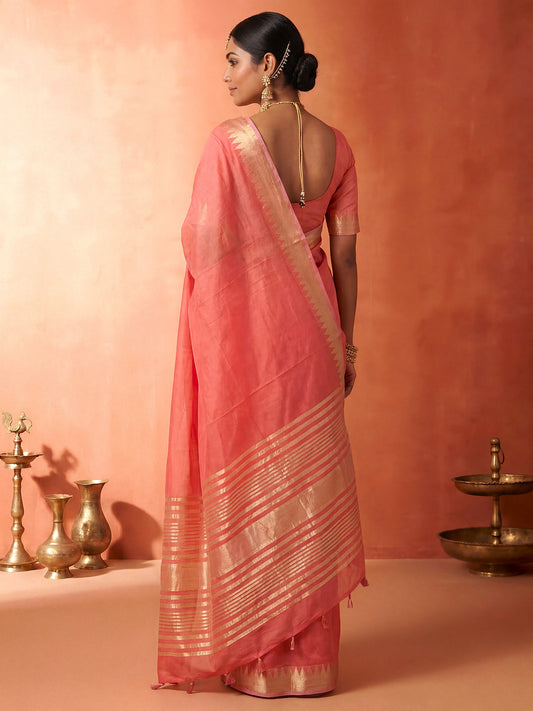 Peach Pink Chanderi Silk Saree