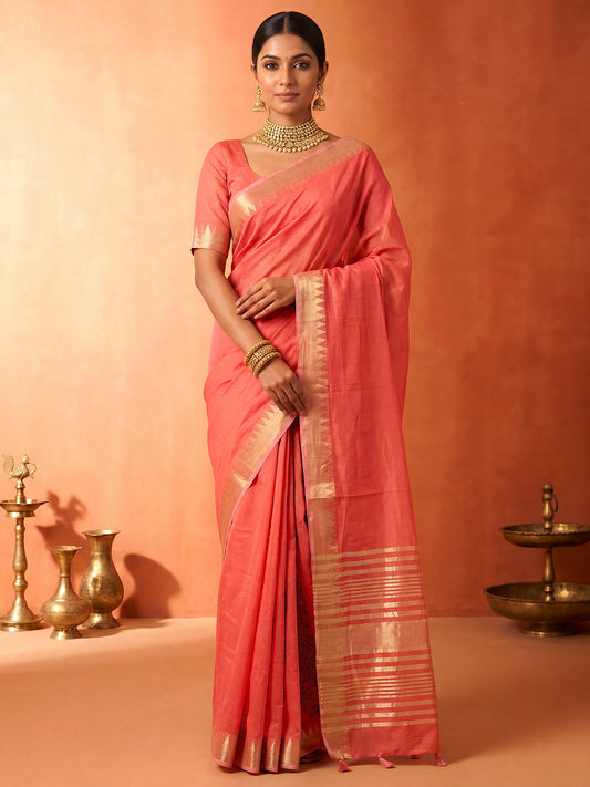 Peach Pink Chanderi Silk Saree