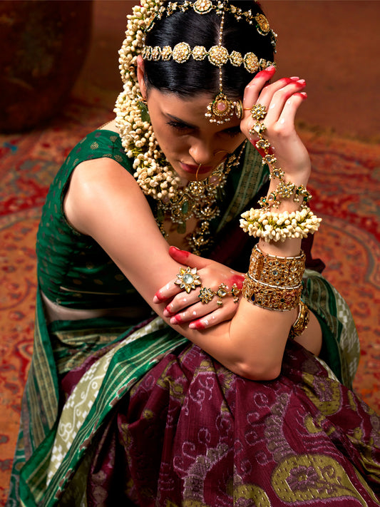 Deep Magenta Wine & Emerald Green Silk Saree