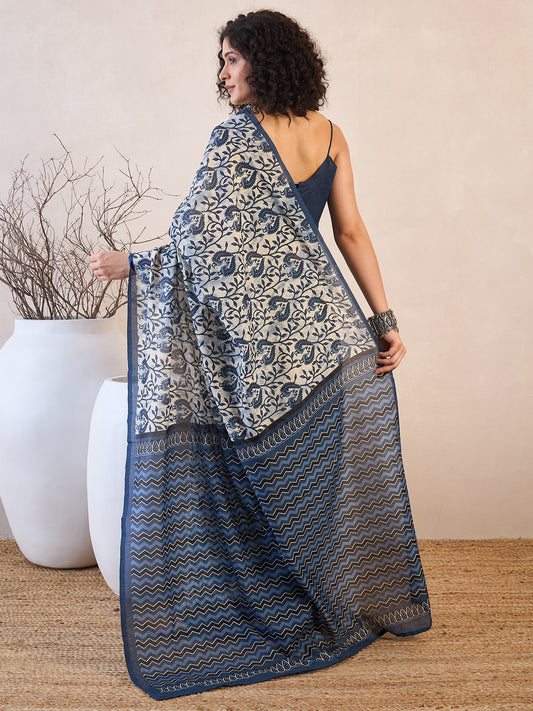 Ivory Ajrakh Block Print Chiffon Saree with Navy Paisley & Vine Motifs, Chevron Zigzag Pallu & Navy Crop Blouse